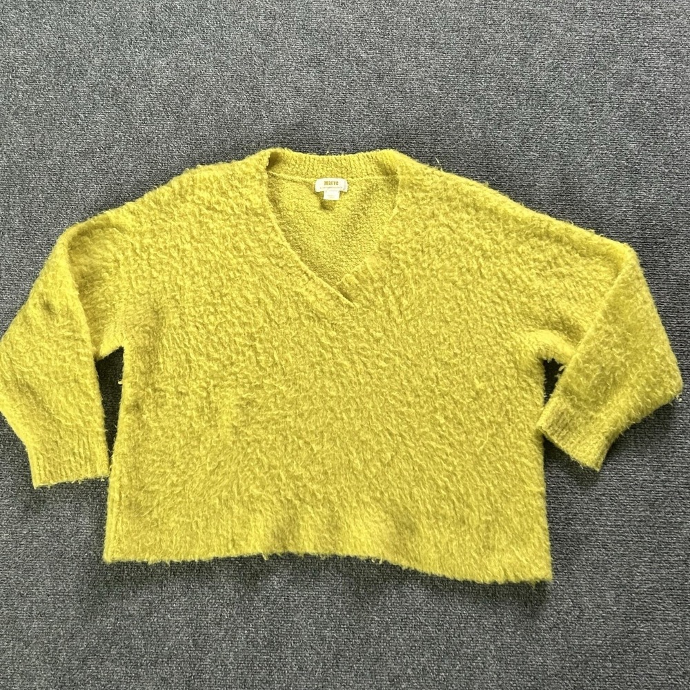 Maeve Sweater Pullover Womens Small Yellow Fuzzy Merino Wool V Neck Knit Chunky
